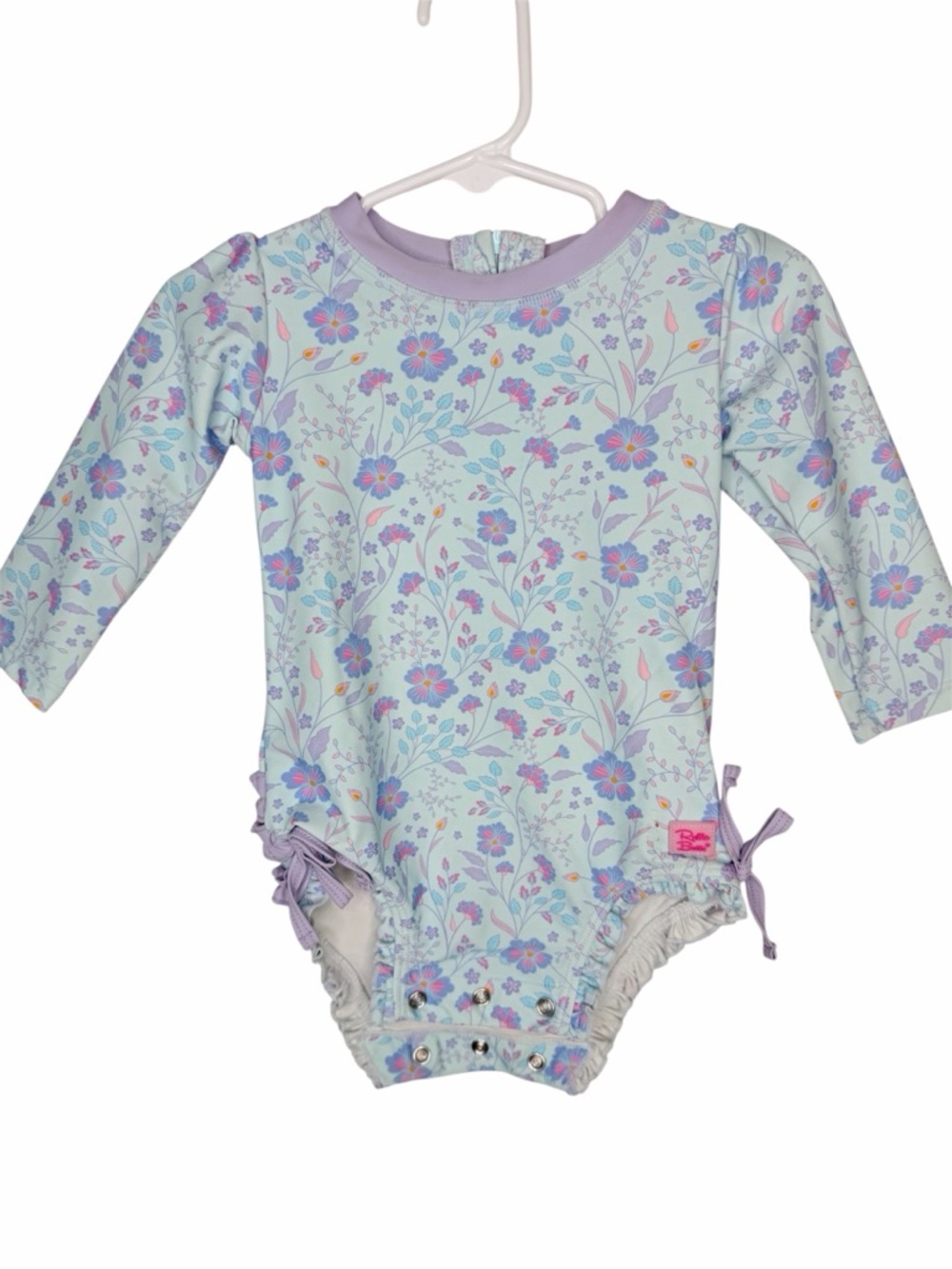 RUFFLE BUTTS Purple Floral Long-Sleeve Ruffle One-Piece Swimsuit 12-18 Mos